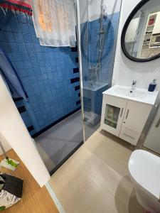 a bathroom with a shower and a toilet and a sink at SWEET HOME BENALMADENA Estudio para NO FUMADORES con vistas al mar y excelente conexion wifi NON SMOKING studio with sea views and excellent WiFi Enjoy plenty of morning sun in Benalmádena +49 photos