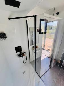 a bathroom with a toilet and a glass shower stall at Buddha Cottage - PMR in Rosselange