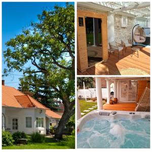 a collage of pictures of a house and a tree at Öreg Malom Apartmanház in Bogács