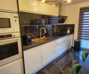 a kitchen with a sink and a microwave at Appartement Basilique 4 chambres tout confort Saint Denis in Saint-Denis