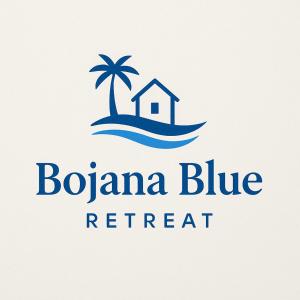 a logo for a resort with a house and a palm tree at Bojana Blue Retreat in Ulcinj