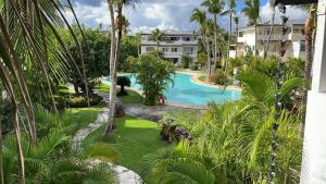 an aerial view of a resort swimming pool with palm trees at Tamarindo in Bayahibe