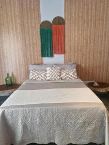 阿廷斯Ranch Dias Atins的卧室里有一张大床，床铺上贴着条纹壁纸