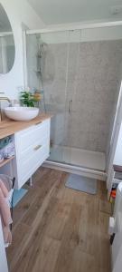 ein Badezimmer mit Dusche und Waschbecken in der Unterkunft Le Ptit Cottage in Landivisiau