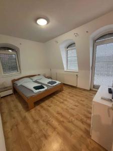 a bedroom with a bed and two windows at Holiday home Balatonfuzfo - Balaton 18798 in Balatonfůzfő
