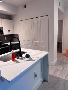 a kitchen with a white counter with a bottle on it at No Judgement Zone Relaxing Arlington Entertainment District in Arlington