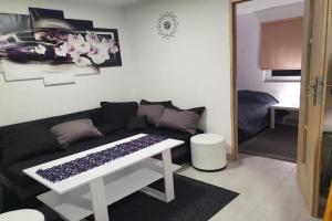 a living room with a couch and a table at Comfortable holiday home, sauna, fishing pond in Wodnica