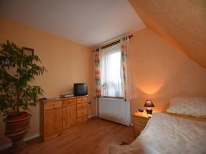 ein Schlafzimmer mit einem Bett, einem Fernseher und einem Fenster in der Unterkunft Ferienzimmer in Kröpelin in Brusow + 26 Fotos