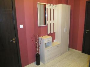 La salle de bains est pourvue d'une armoire avec un miroir et un vase. dans l'établissement Apartments Vasil Levski, à Plovdiv 55 autres photos