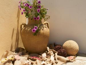 a vase with purple flowers in it sitting on a table at Kamares Studios in Symi