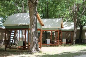 a house with a green roof and a tree at Parco Del Lago Glamping And Camping in Anguillara Sabazia