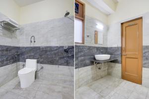two pictures of a bathroom with a toilet and a sink at Hotel O Model Town Road in Manāli