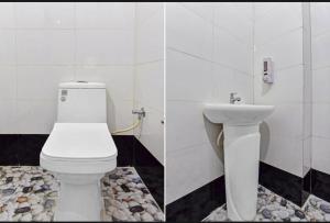 two pictures of a bathroom with a toilet and a sink at Hotel Grand L M in Ajmer