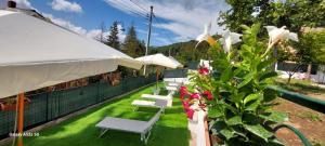 a row of white chairs sitting on the grass at Casa Greta La Dimora delle Fate in Villaggio Laceno +30 photos