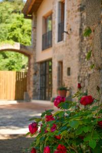 Un mucchio di rose rosse davanti a un edificio di Mas Salvador Rural Experience a Llagostera