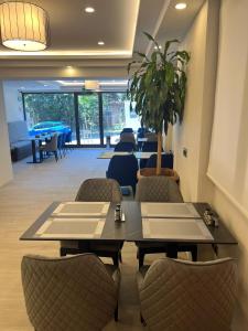a restaurant with tables and chairs and a potted plant at Gnc Airport Hotel in Arnavutköy +58 photos