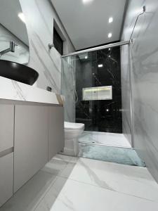 a bathroom with a glass shower and a toilet at Casa, 01 Suíte, Ar-Cond, Área Gourmet e Garagem Ampla in Montes Claros +30 photos