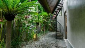 a garden corridor with plants and a staircase at Kalino Villa by Betterplace in Canggu