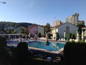 ein großes Schwimmbecken mit Liegestühlen und Sonnenschirmen in der Unterkunft Vile Verdi in Baile Felix