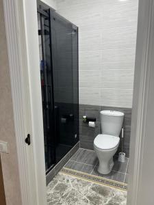 a bathroom with a toilet and a glass shower at vzmorie apart in Bosteri +7 photos