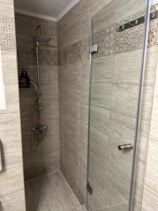 una ducha con puerta de cristal en un baño en KONAR Guest House, en Alexandroupoli