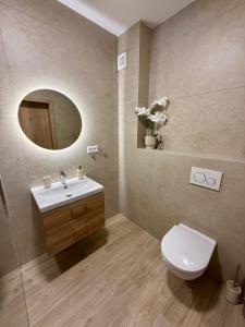 a bathroom with a toilet and a sink and a mirror at Anna Apartment in Dunajská Streda