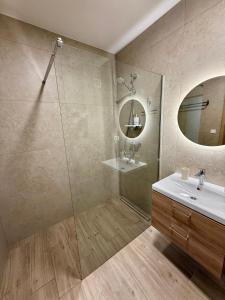 a bathroom with a shower and a sink and a mirror at Anna Apartment in Dunajská Streda