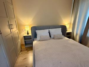 a bed in a room with two pillows on it at Anna Apartment in Dunajská Streda