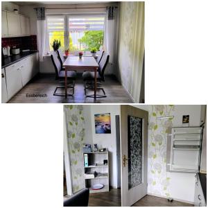 a kitchen and a dining room with a table at Ferienwohnung Haus Antje in Norden