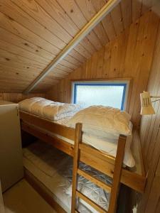 a bunk bed in a wooden cabin with a window at Feriehytte - Lille Knudsgaard in Løkken +6 photos