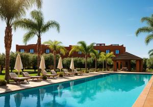 ein Swimmingpool mit Liegestühlen und Palmen in der Unterkunft Vizir Center Appart in Marrakesch