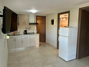 a kitchen with a white refrigerator and a tv at Ktima Bilionis in Kakovatos