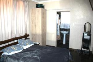 a bedroom with a bed and a window and a sink at Delion Lodge in Koster