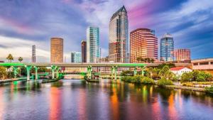 a city skyline with a bridge over a river at Stylish Chic King Bed Ybor Dt in Tampa