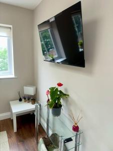a living room with a tv on the wall at Stylish 1-Bed Flat in Ealing