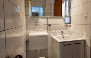 a bathroom with a toilet and a sink and a mirror at Melone Apartman 3 Senj by Villas Guide in Sveti Juraj