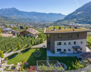 an aerial view of a house with a garden and mountains at Ferienwohnungen Steinegg in Lagundo