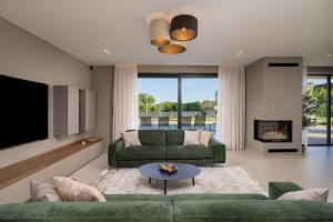 sala de estar con sofá verde y chimenea en Villa D&L Kringa by Istrialux, en Kringa