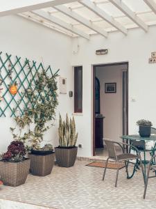 a patio with potted plants and a table at Villa Victoria, Tonel, Sagres in Sagres