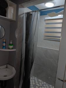 a bathroom with a shower with a toilet and a sink at Crompton Studio Apartment 786 in Durban