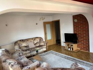 Una sala de estar con un sofá y un televisor en Teo Apartment, en Pristina