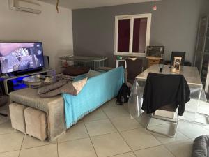 a living room with a bed and a tv at Maison de l amour in Port-de-Lanne