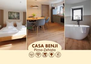 皮尔纳CASA BENJI - Familienfreundliche FeWo - Landhausstil - Garten - Parkplatz的酒店房间三张照片的拼贴画