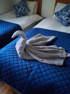 a towel is sitting on a blue bed at One Bedroom Manse Ave Apartment in Portrush