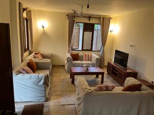 a living room with two couches and a tv at Almond 7 in Gazi