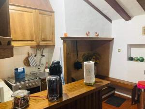 a kitchen with a counter with a stove and a sink at Moinho do Avô in Pataias