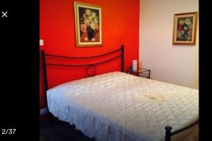 a bedroom with a bed with a red wall at New Balon Borgo Dora Center in Turin +14 photos