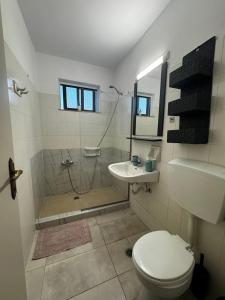 a bathroom with a shower and a toilet and a sink at Prestige Holiday Apartments in Kos Town