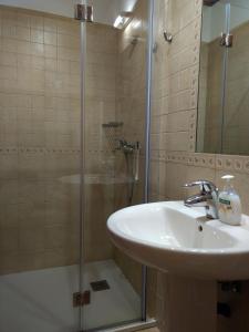 a bathroom with a sink and a glass shower at Apartamento con jardin en Gessa in Gessa