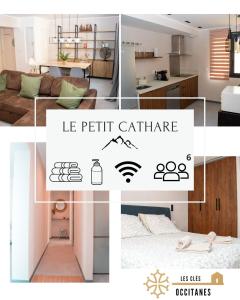 a collage of pictures of a living room and a kitchen at Le Petit Cathare, Nid rénové au cœur de Quillan in Quillan